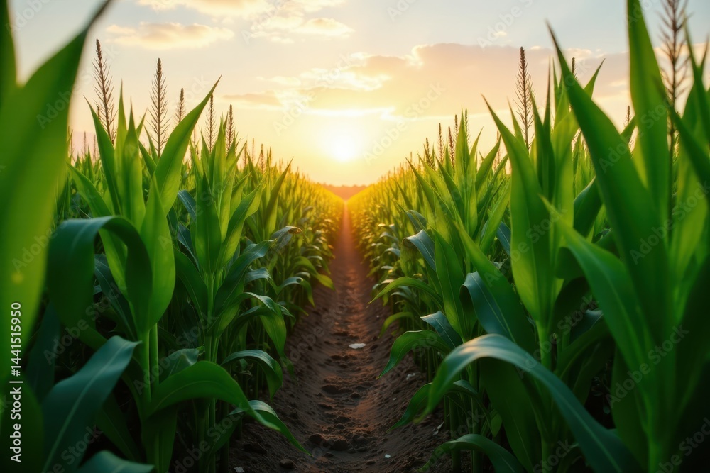 Fototapeta premium Rows of tall corn stalks gleam under morning sun, creating a lush green vista , peaceful, morning, maize