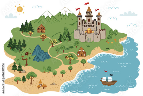Create a vector illustration of a fantasy kingdom map featuring multiple castles, rivers, forests, and mountainous terrain.  Style should be detailed and whimsical.