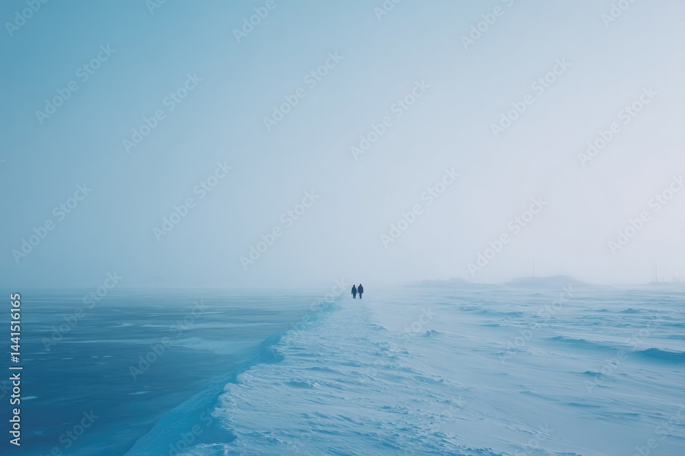 Naklejka premium minimalistic arctic landscape with vast icy blue expanse blurred human figures in distance immense silence