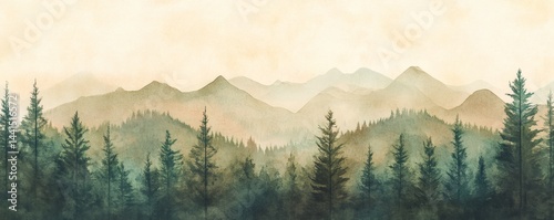 Misty mountain range view through pine forest.
