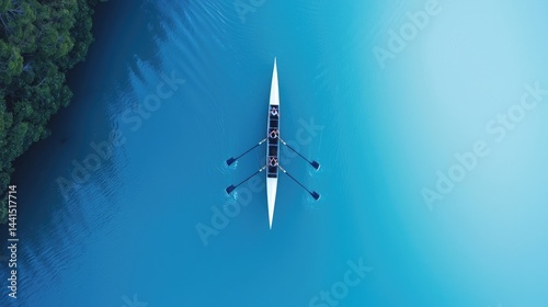 Aerial view of four people rowing a boat