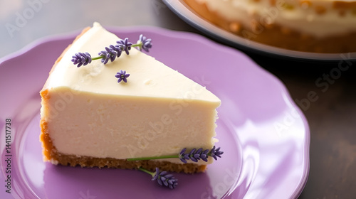 Creamy Cheesecake Slice with Lavender Garnish on Purple Plate