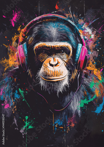 Artistic representation of a gorilla wearing headphones surrounded by vibrant colors Generative AI