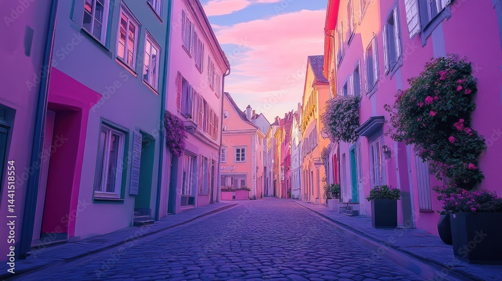 Fototapeta premium Colorful European street scene at dusk.