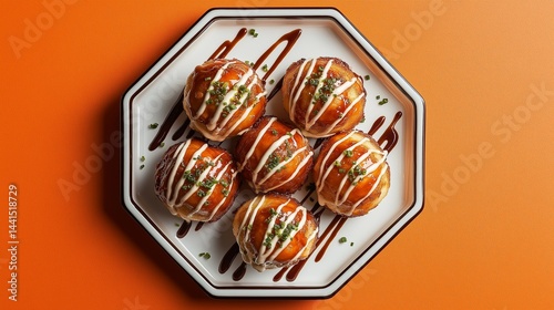 Takoyaki Delights: A tantalizing array of freshly-prepared takoyaki,  each bite-sized sphere boasting a crispy exterior,  a savory and gooey filling,  and a drizzle of tangy sauce.