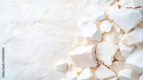 White kaolin clay chunks and fine mineral powder scattered on a textured chalky background.