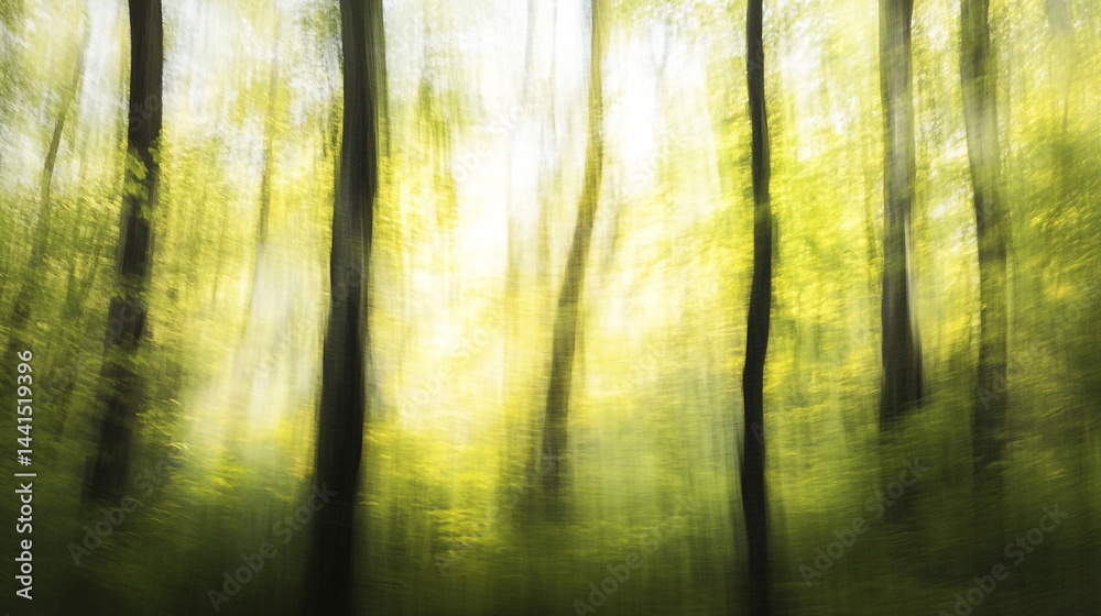 Obraz premium A vibrant green grass by the soft blurred bokeh of lush foliage, Enchanting garden scene with lush green leaves in summer sunlight, A peaceful and serene nature background.