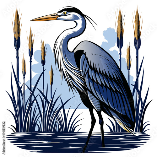 Great blue heron standing amidst tall grasses by the water in a detailed illustration