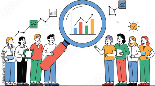 Business team analyzing financial growth with magnifying glass focusing on performance data and investment strategies