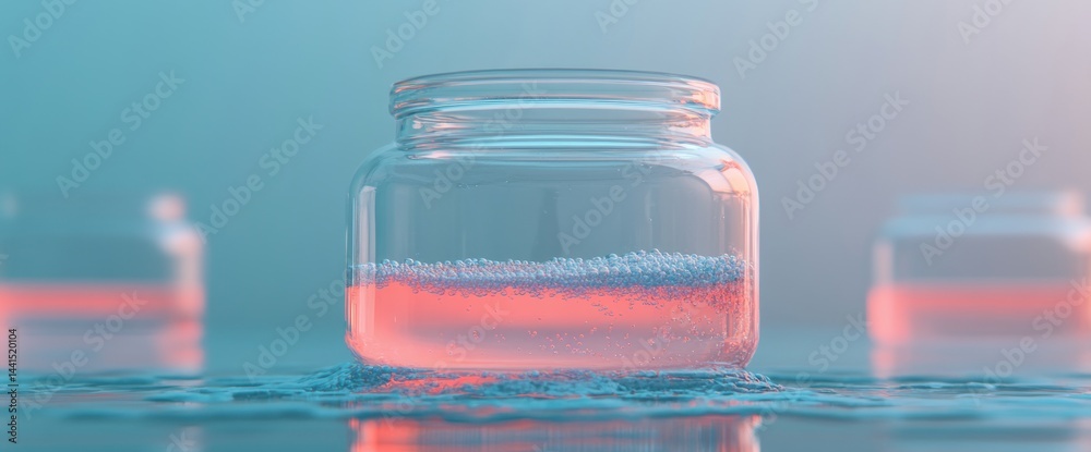 Glass Jar with Coral Liquid and Bubbles, Minimalist Aesthetic