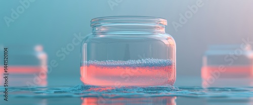 Obraz na płótnie Glass Jar with Coral Liquid and Bubbles, Minimalist Aesthetic w salonie