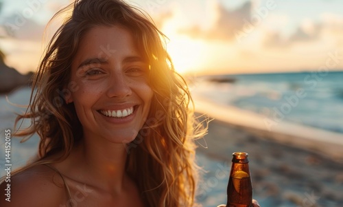 young woman with long hair holding a brown bottle on a sandy beach at sunset with golden light reflecting on the ocean and sky filled with scattered clouds