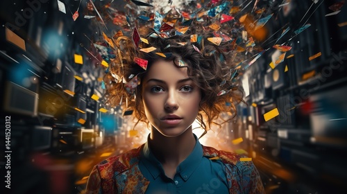 An enormous amount of data explodes from the cranium of a developing human brain, Generative AI.