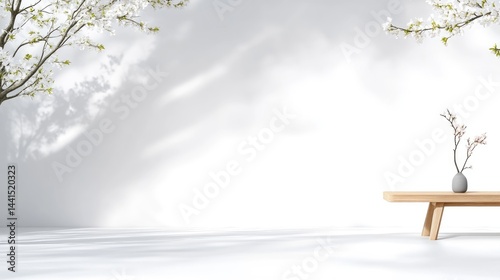 Minimalist wooden bench with a small vase under blooming cherry blossom branches against a white wall with soft shadows.