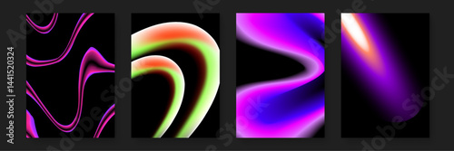 Four abstract shapes with gradients of neon colors suitable for backgrounds, digital art, graphic design, web design, and modern aesthetics.