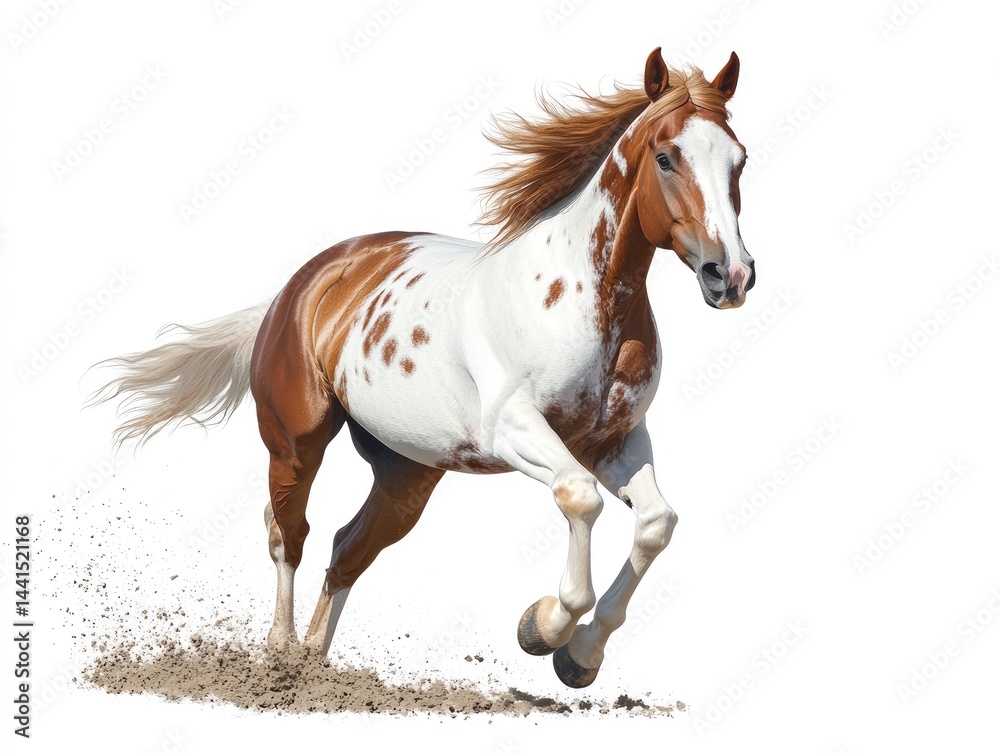 Obraz premium A spirited horse in a full gallop, showcasing a striking pinto pattern against a pristine backdrop