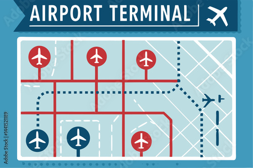 Create a clean, vector illustration of a detailed airport terminal map showcasing directional signage, gates, services, and amenities.  Include a legend.