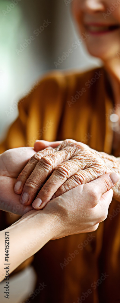 This heartwarming image captures the intimate moment of hands joining, symbolizing love, care, and support between generations.