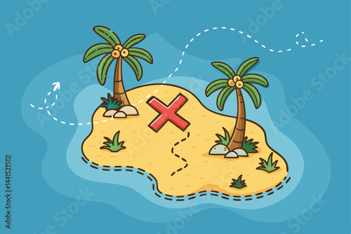 Create a vibrant vector map illustration of a treasure island, featuring palm trees, a pirate ship, and a hidden X marking buried treasure.  Stylize it with a vintage, cartographic feel.