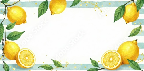 Cute lemon watercolor illustration, striped wave frame, floral pattern, graphic, frame