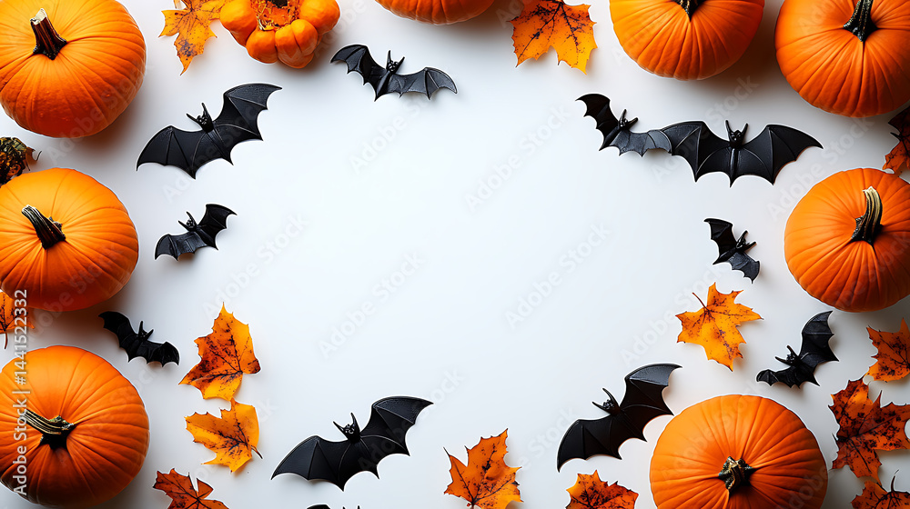 Festive halloween background with pumpkins,black bats and fall leaves arranged on white background creating an empty space ideal for text Festive halloween background with pumpkins,black bats and fall leaves arranged on white background creating an empty space ideal for text