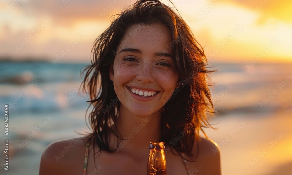 woman with shoulder-length hair holding a glass bottle at the beach during a golden sunset with waves in the background