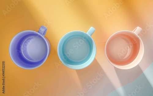 Obraz na płótnie top view of three empty ceramic mugs in blue purple, light blue, and peach colors on a yellow and light blue background with soft shadows w salonie