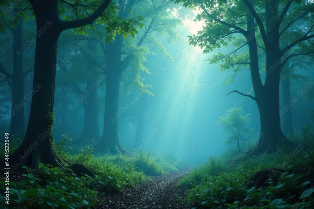 Fototapeta premium Layered mist veils a mystical forest; vibrant blues and greens , environment, green