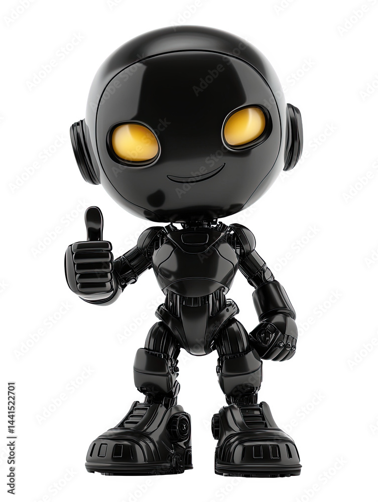 A cute black robot character with yellow eyes giving a thumbs up gesture, white isolated background. A cute black robot character with yellow eyes giving a thumbs up gesture, white isolated background.
