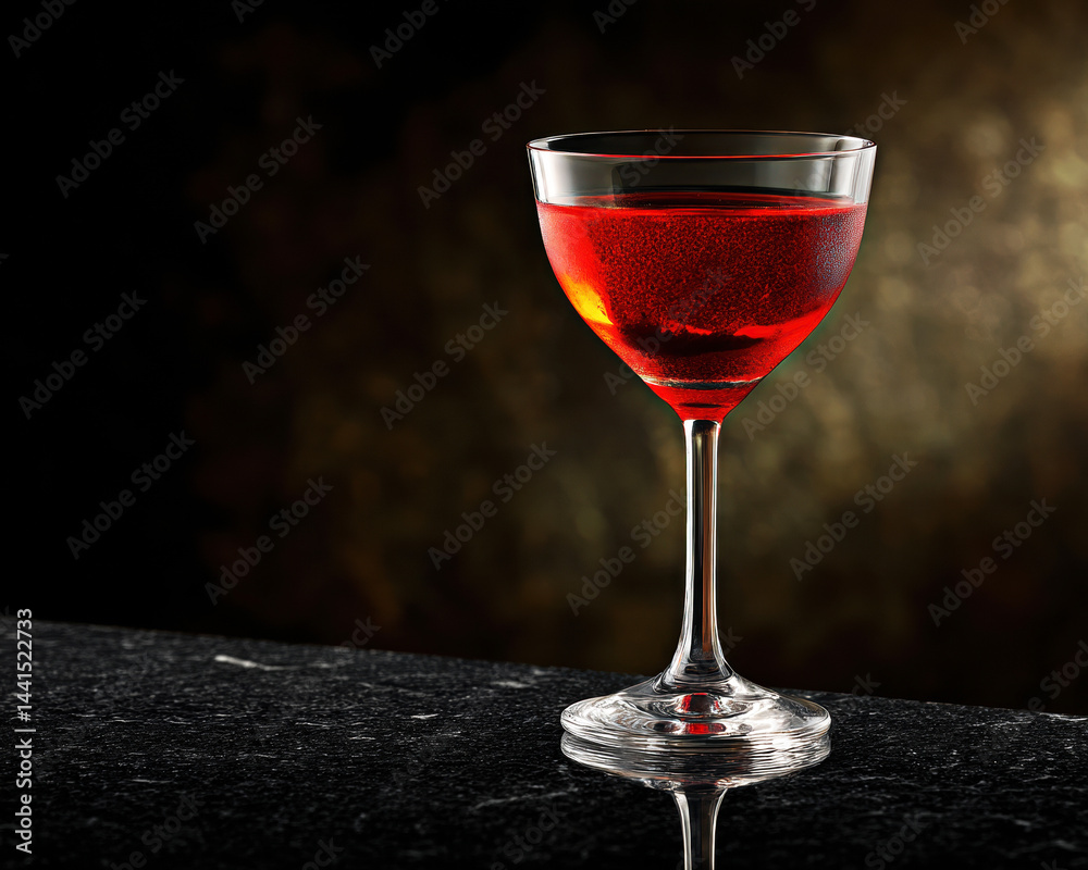 A stunning image of a vibrant red cocktail in a sophisticated glass, resting on a sleek black surface, against a rich and blurred golden background.