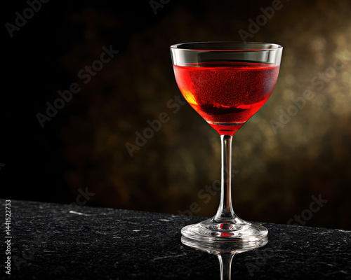 Obraz na płótnie A stunning image of a vibrant red cocktail in a sophisticated glass, resting on a sleek black surface, against a rich and blurred golden background. w salonie