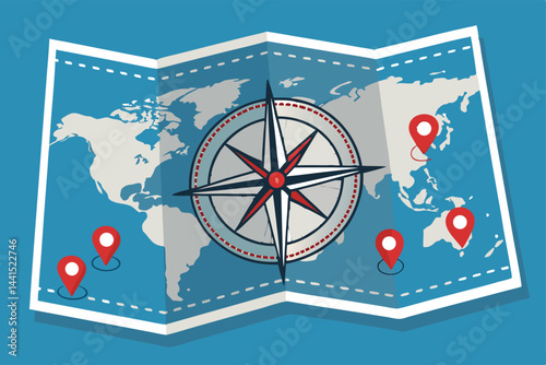 Create a vector illustration of a detailed world map featuring a prominent compass rose and assorted location marker icons, ideal for travel or navigation themes.