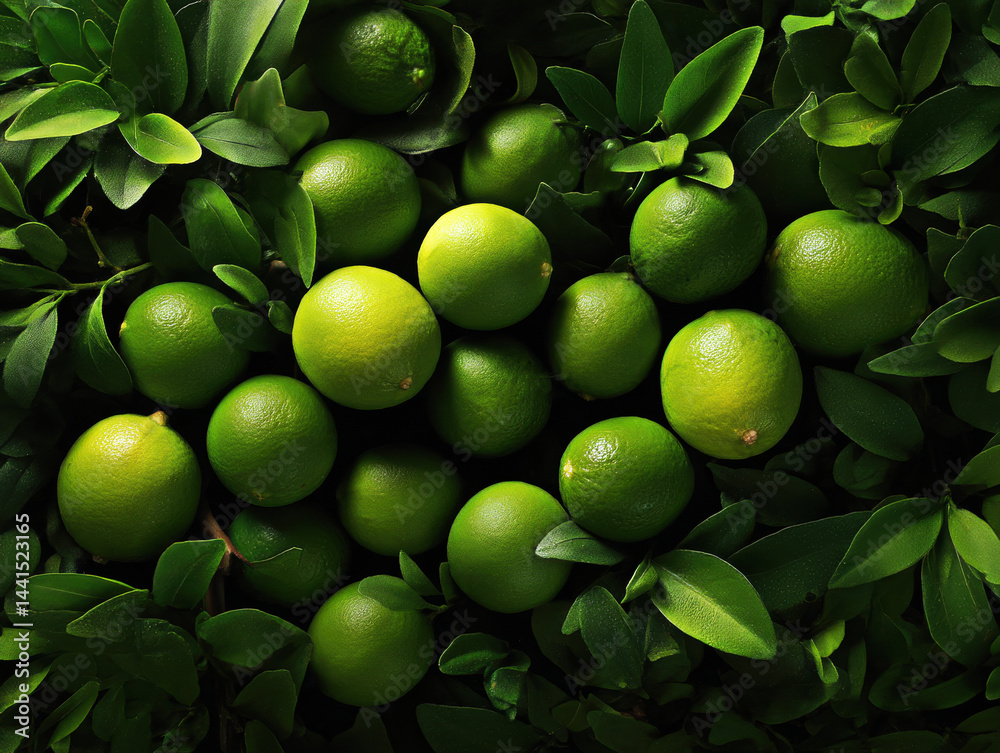 A vibrant arrangement of fresh green limes nestled among lush green leaves, showcasing nature's bounty and the freshness of citrus fruits, perfect for adding zest to any dish.