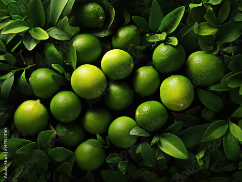 Obraz na płótnie A vibrant arrangement of fresh green limes nestled among lush green leaves, showcasing nature's bounty and the freshness of citrus fruits, perfect for adding zest to any dish. w salonie