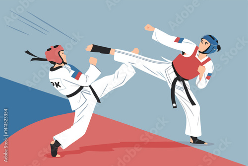 Dynamic vector illustration of a Taekwondo sparring match featuring two athletes using a bo staff, showcasing powerful stances and dynamic movement.