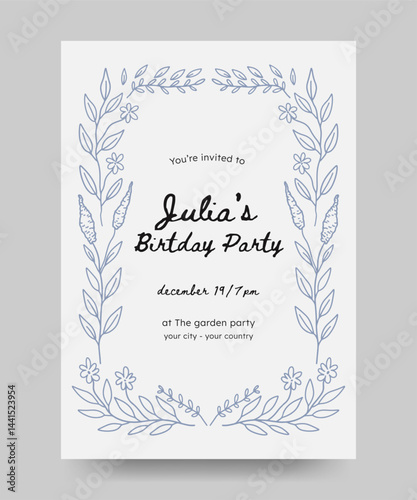 Birthday invitation with hand drawn floral illustration. floral frame line art style. Perfect for card, poster, flyer
