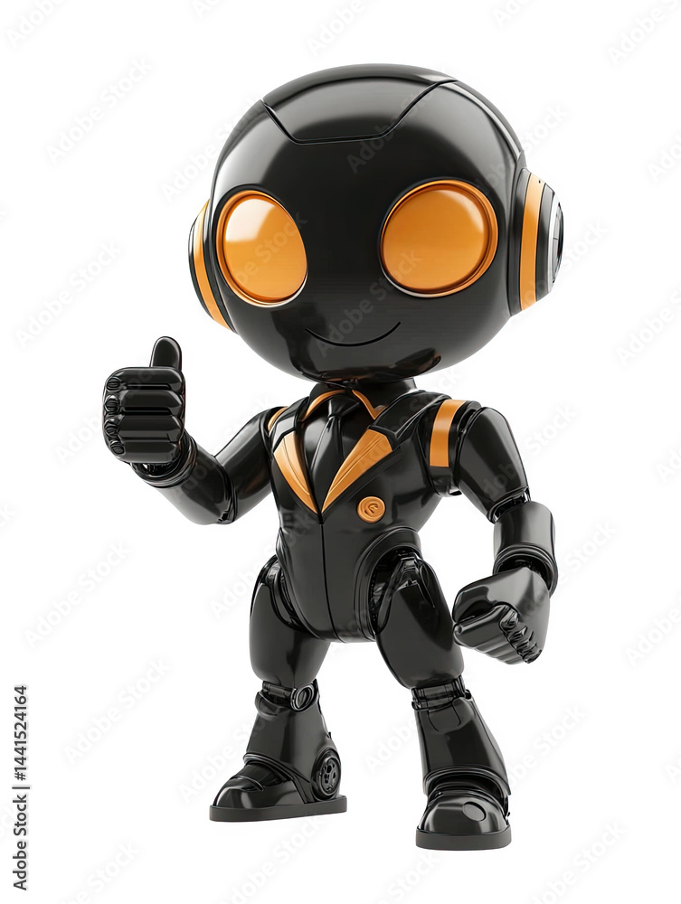 A futuristic robot character with headphones giving a thumbs-up gesture, isolated on white background. A futuristic robot character with headphones giving a thumbs-up gesture, isolated on white background.