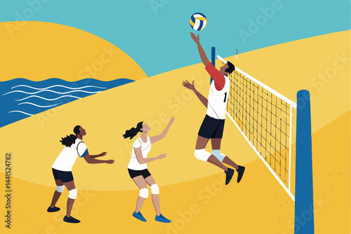 Create a vector illustration of a dynamic volleyball match, focusing on a player executing a powerful spike.  Emphasize intense action and athleticism.