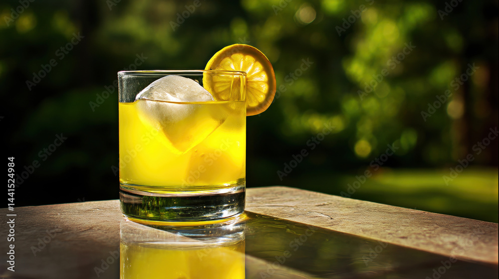 A chilled glass of vibrant lemon drink adorned with ice and a lemon slice, set against a lush green background, perfect for summer relaxation and rejuvenation.