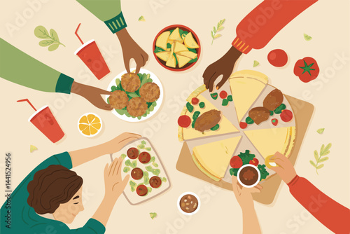 Overhead vector illustration of diverse friends enjoying a meal of delicious falafel wraps, showcasing vibrant colors and textures.