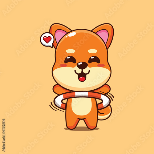 Cute shiba inu cartoon vector illustration playing hula hoop