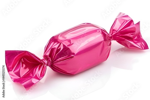 Shiny Pink Wrapped Candy Close-Up on White Background - Modern Minimalistic Sweet Photography