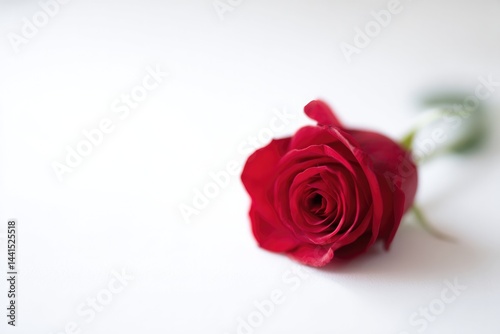 single red rose lays gracefully on pristine white surface symbolizing romance and simplicity