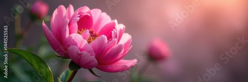 Full bloom pink peony, velvety petals, gentle light , soft light, romantic