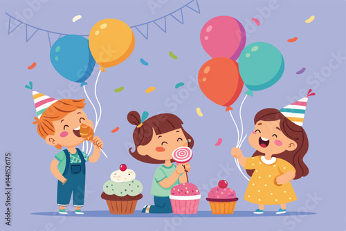 Create a vibrant vector illustration of happy children joyfully consuming lollipops and cupcakes.  Showcase bright colors and cheerful expressions.