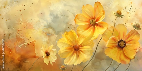 Yellow cosmos flowers image mix with painted watercolor on paper