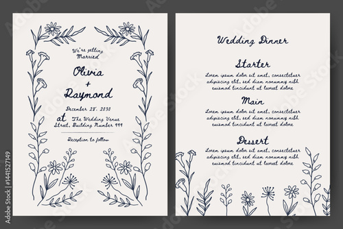 Wedding invitation and menu set with hand drawn floral illustration. floral frame line art style. Perfect for card, poster, flyer