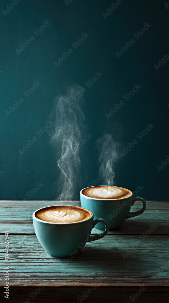 Two steaming cups of beautifully crafted coffee sit on a rustic wooden table, inviting warmth and comfort.