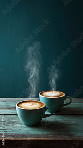 Two steaming cups of beautifully crafted coffee sit on a rustic wooden table, inviting warmth and comfort.