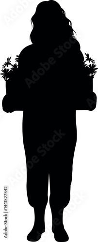 Silhouette Illustration of a Female Gardener Carrying Flowers in a Square Pot